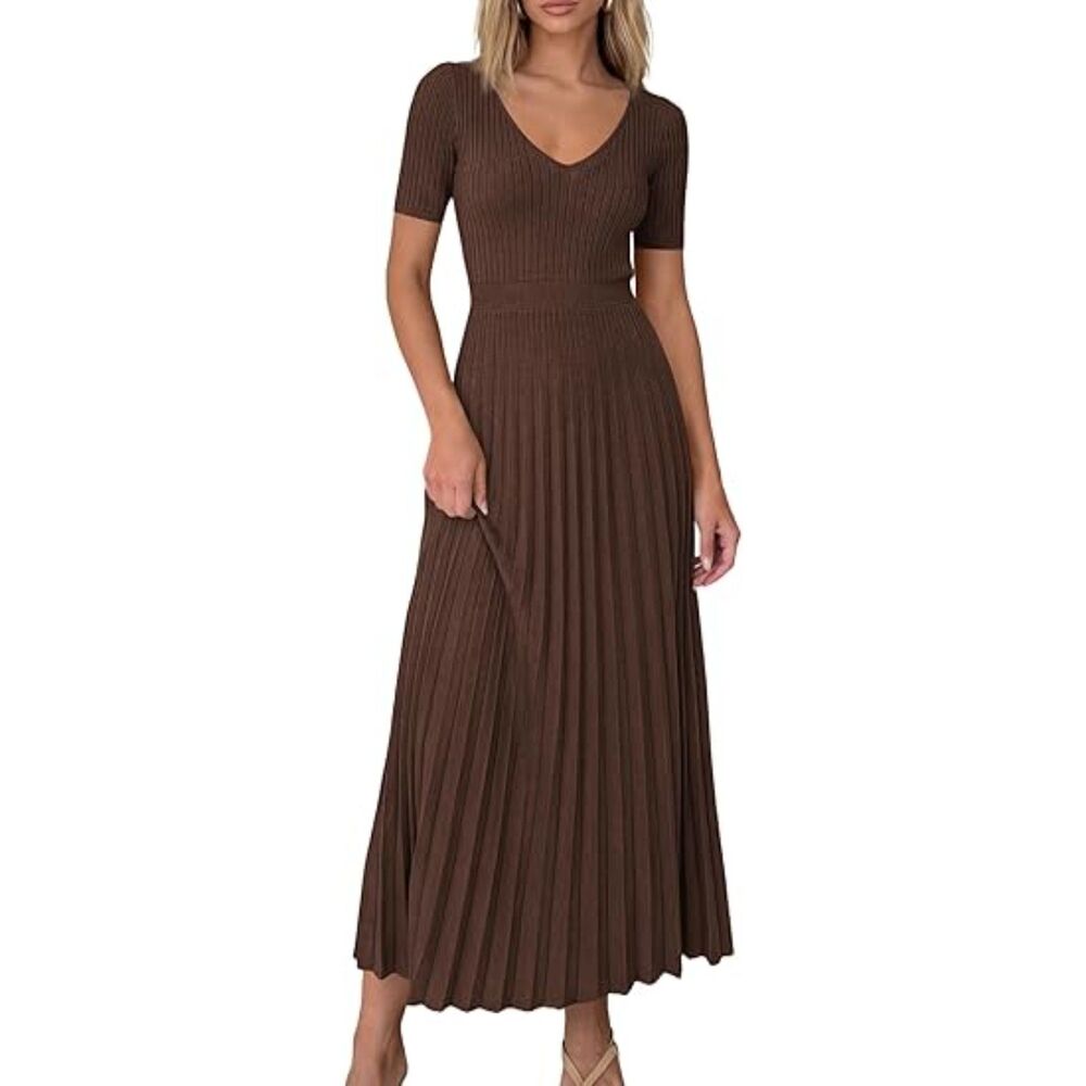 Women's Brown Viscose V Neck Short Sleeve A Line Summer Casual Midi Dress